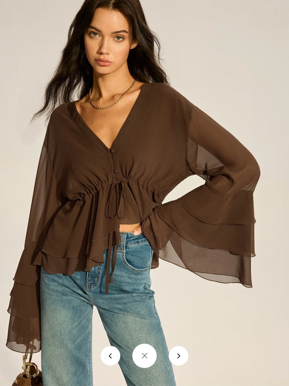 NWT Commense Semi-Sheer Chiffon Tiered Flared Sleeve Shirt Sz L